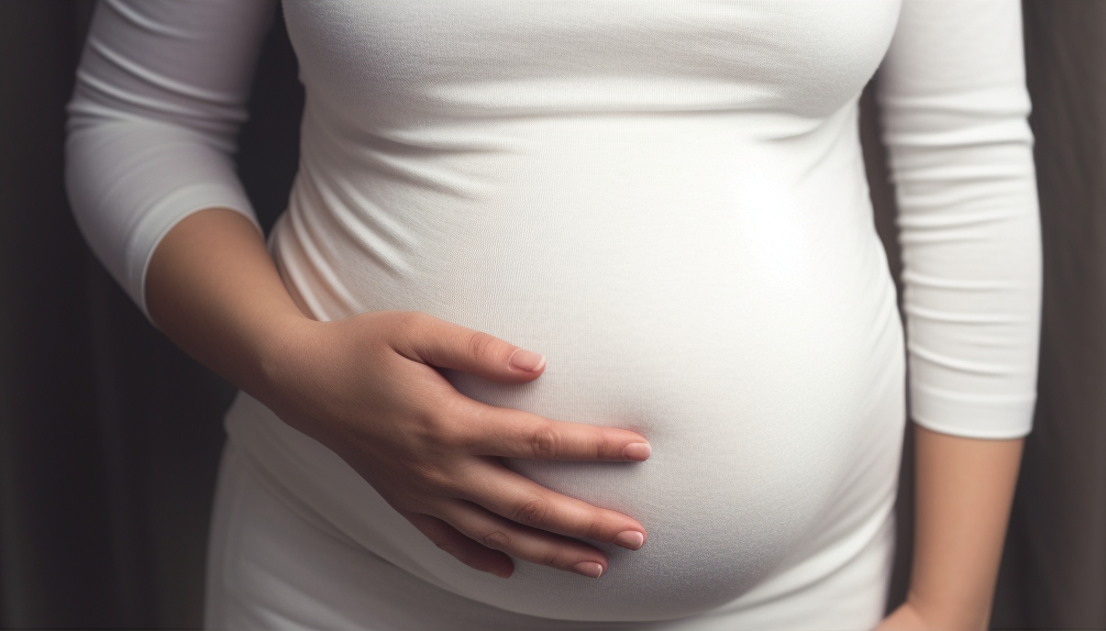 Małowodzie w ciąży - na zdjęciu dłoń przyłożona do ciążowego brzucha, kobieta jest ubrana w białą obcisłą sukienkę Hello Mama