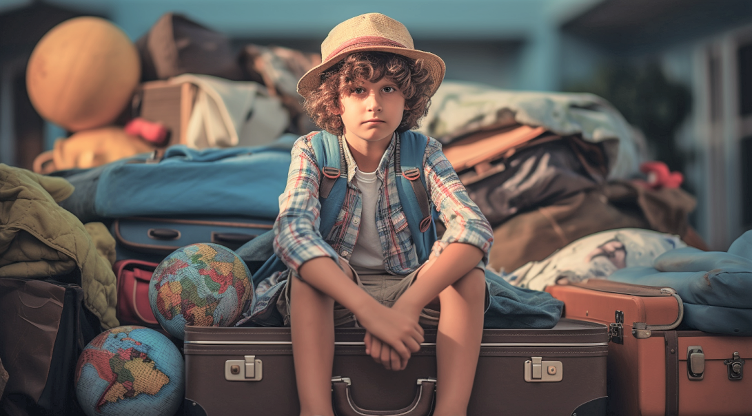 Praktyczne porady na temat przygotowania dziecka do wycieczki szkolnej - na zdjęciu chłopak w słomianym kapeluszu siedzi na walizce Hello Mama