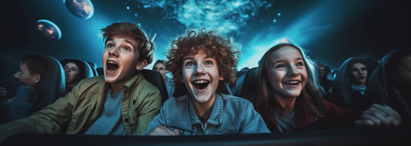 Dzieci w planetarium, zadowolone, śmiejące się